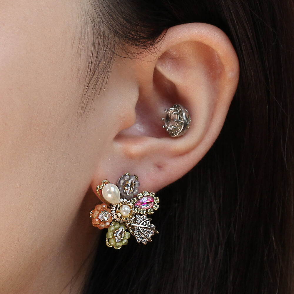 Cubic-Stone Star Stud Earring with Pearl and Beads