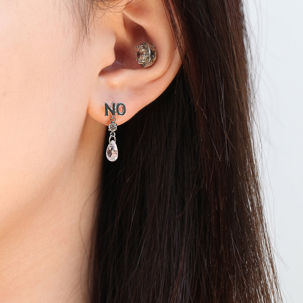 Gold-Plated YES & NO Earrings with Crystal Drop