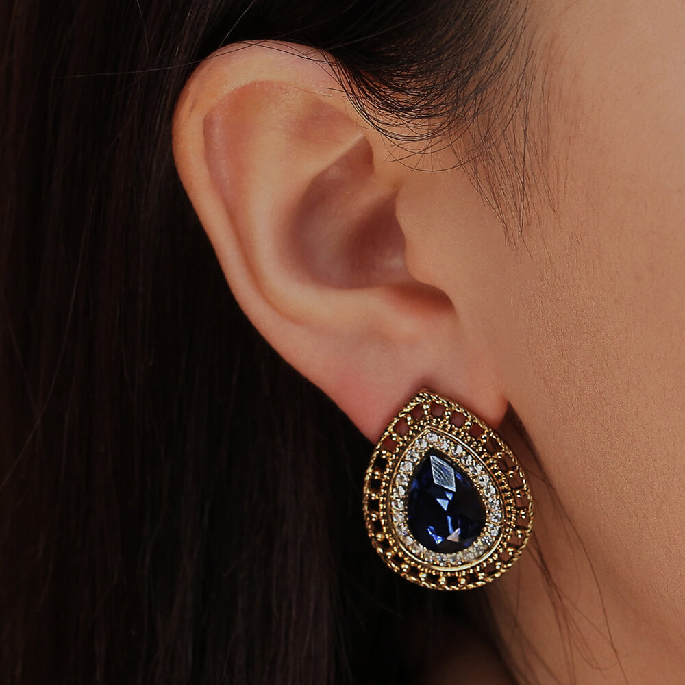 Statement Blue Crystal Tear-Drop Earrings with 14k Gold Plated Copper