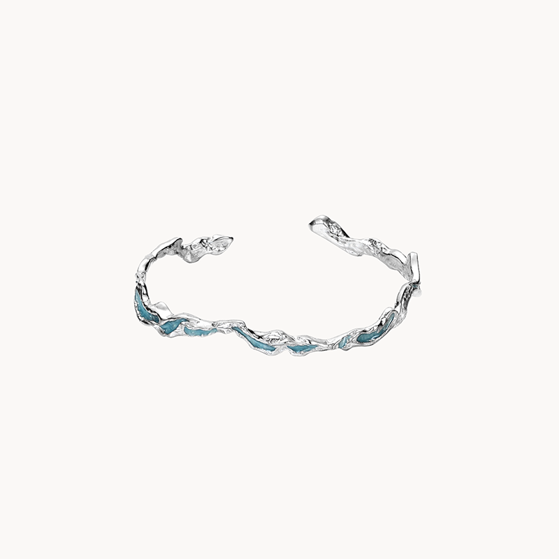 Real 925 Silver Bracelet with Mint Blue Wavy Texture