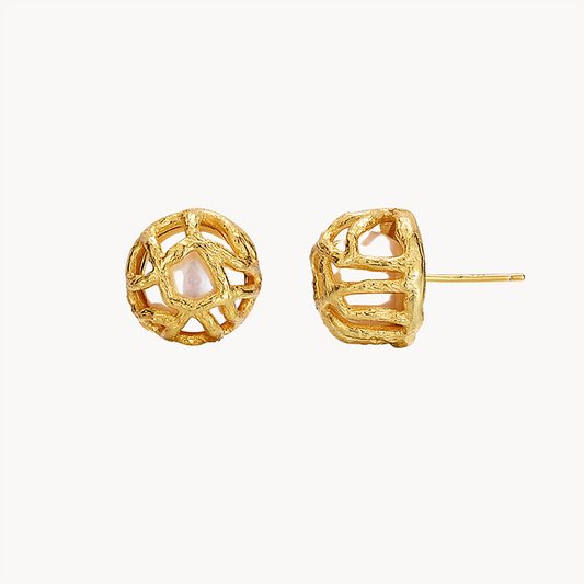 Round Stud Earring with Caged Pearl in S925 Silver or 18k Gold