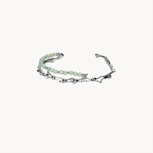 Real Sterling Silver Bangle with Green Jade Beads