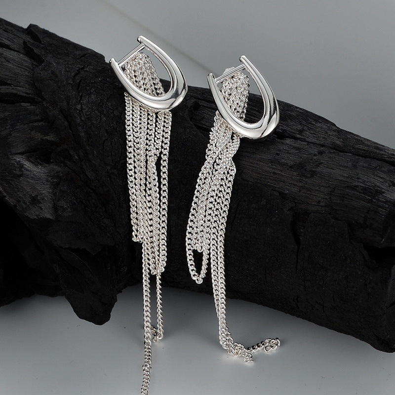 Long Chain Tassel Drop Earrings in Sterling Silver & 18k Gold Finish
