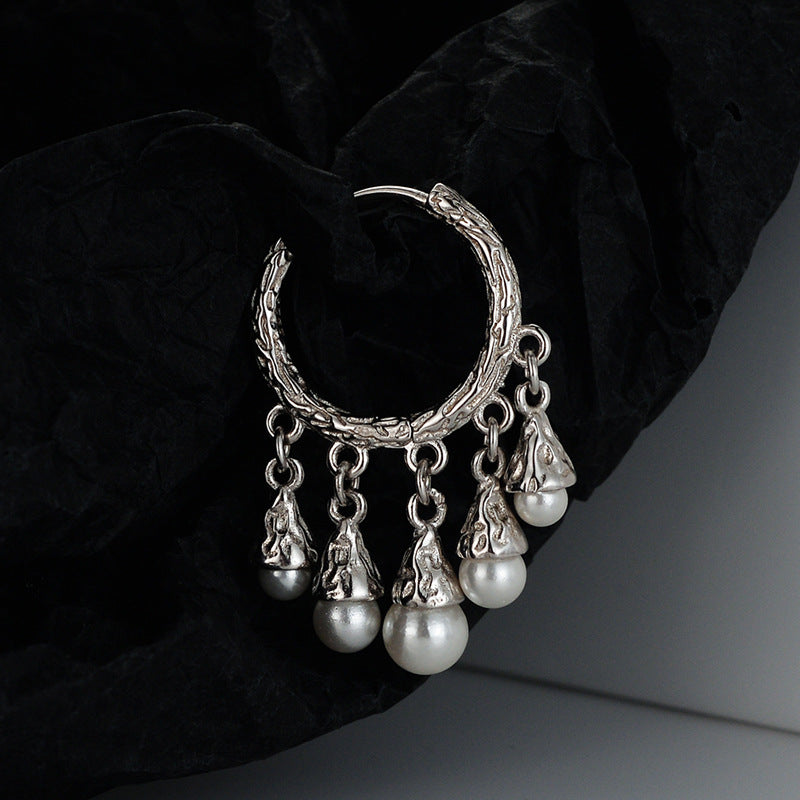 Boho 925 Silver Hoop Earrings with Drooping Pearls