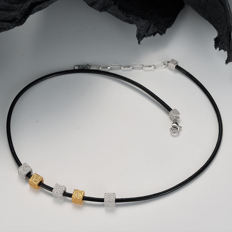 Stylish Black Leather Necklace with 925 Silver & 18k Gold Plated Square Beads