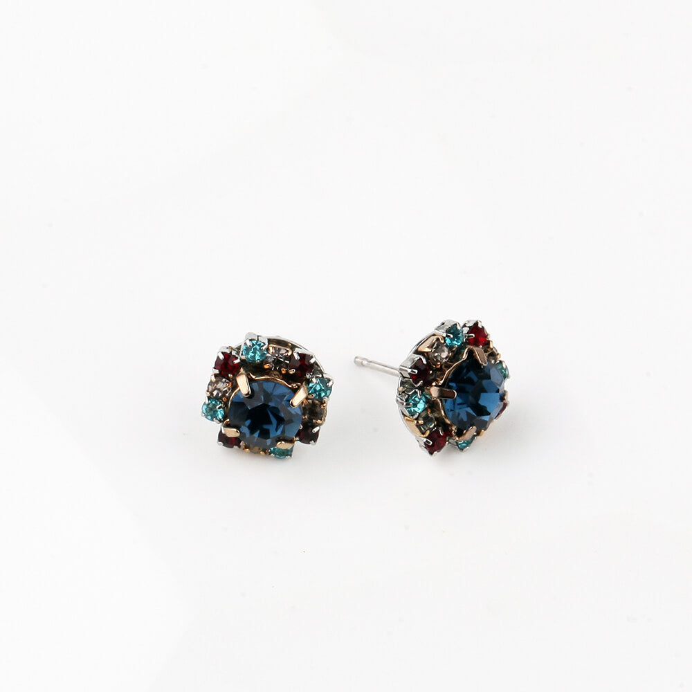 Multicolored Round Crystal Stud Earrings with Fine Silver