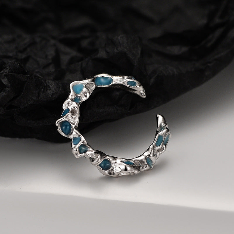 Irregular Frosted Solid Silver Ring with Mint Blue Crystal