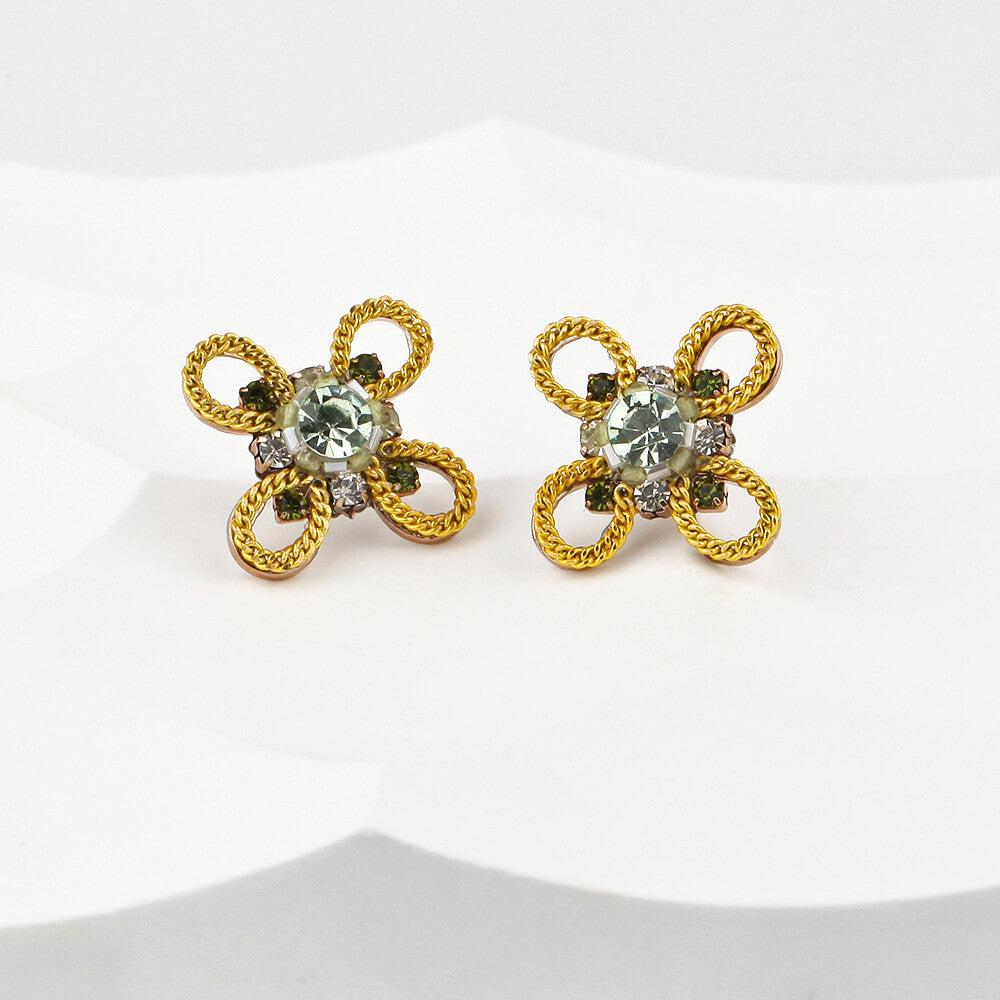 Gold Orchid Stud Earrings with Crystals