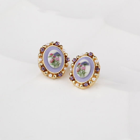 14k Gold Oval Floral Stud Earrings with Crystals and Pearl
