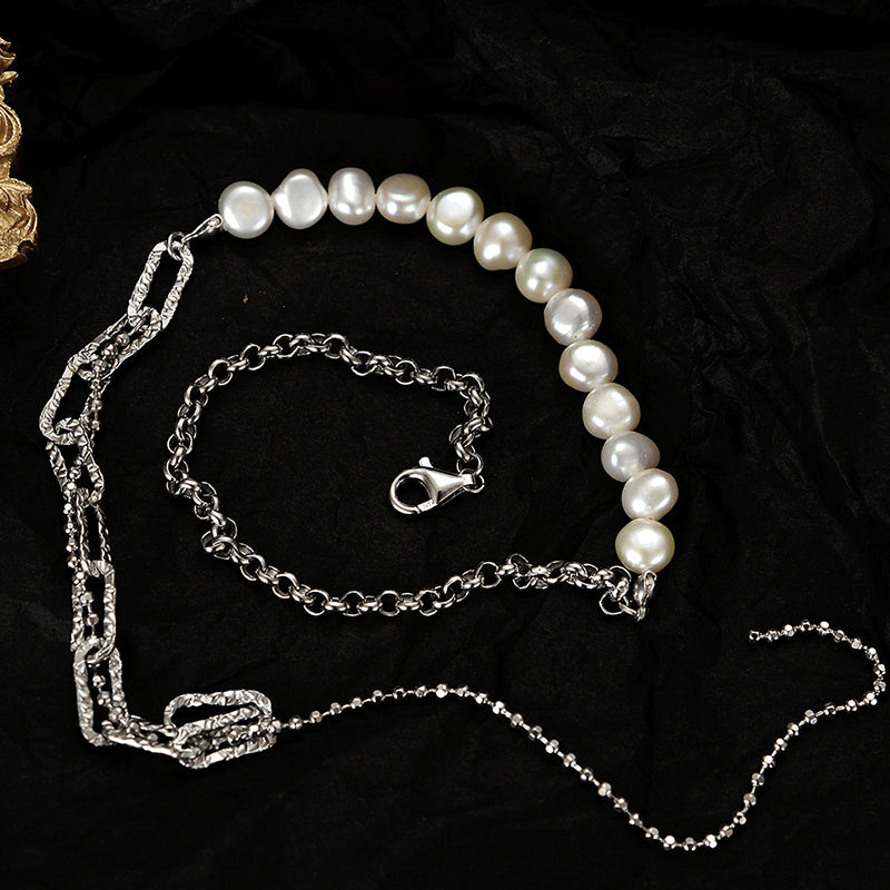 Solid 925 Silver Baroque Necklace with Pearls
