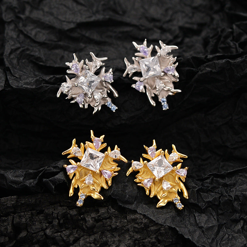 Bespoke Flower-Cut Silver Earring with Purple Crystals