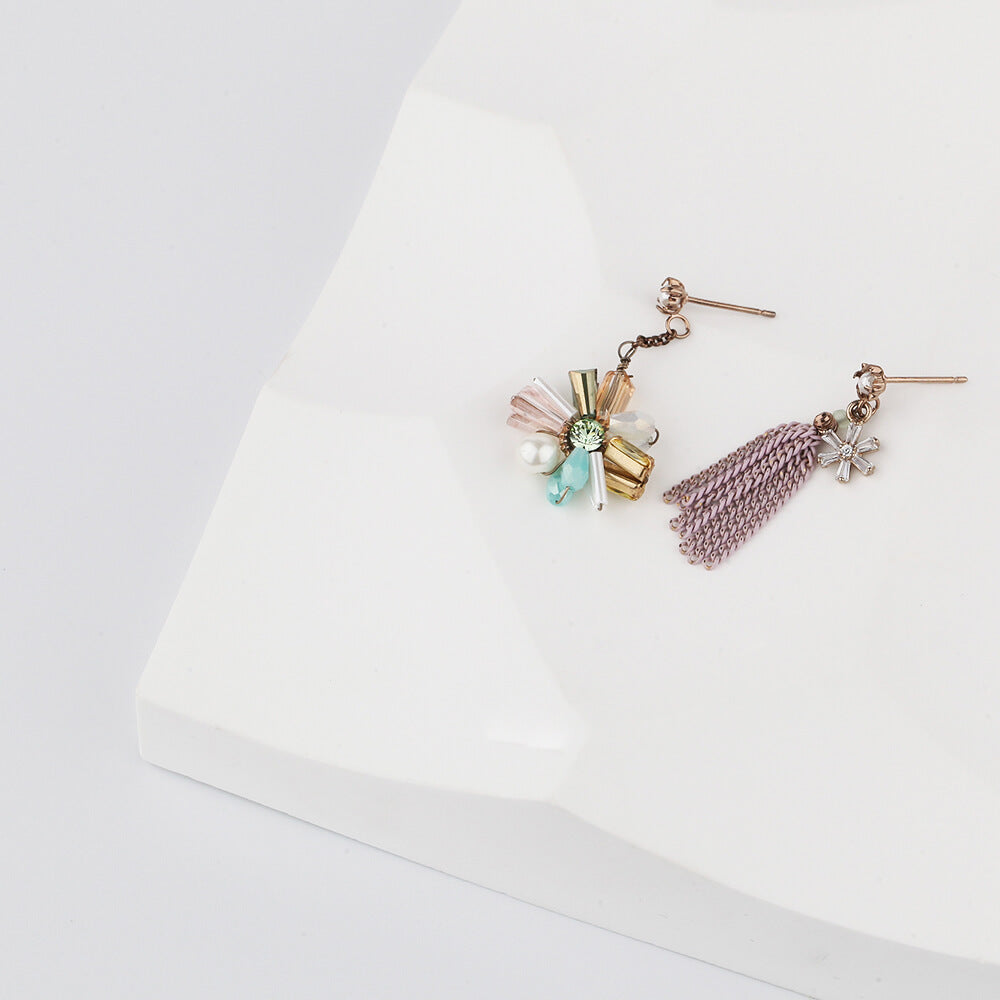 Small Tassel Mismatched Earrings with Crystals and Pearl