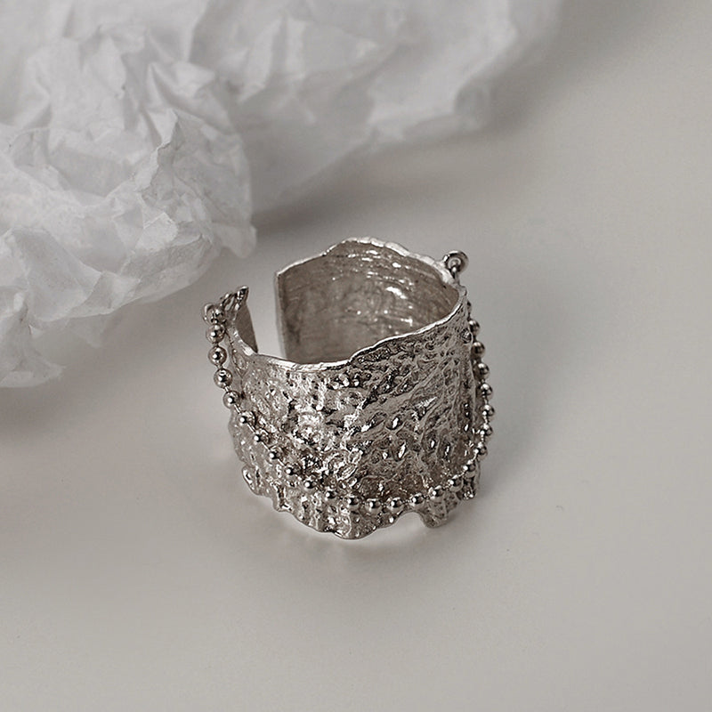 Wide Textured Ring with Chain in Sterling Silver