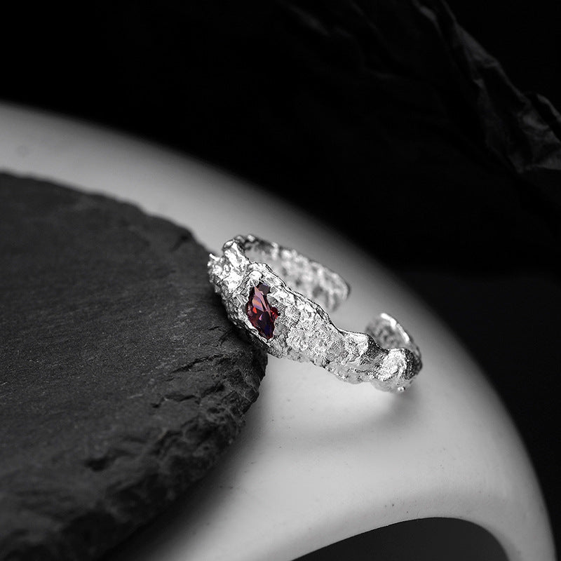 Rough Irregular S925 Ring with Red Crystal