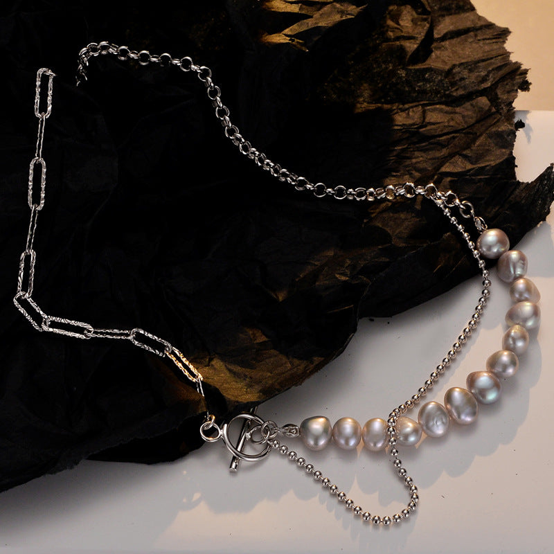 Mixed Chain Layered Necklace with White Freshwater Beads