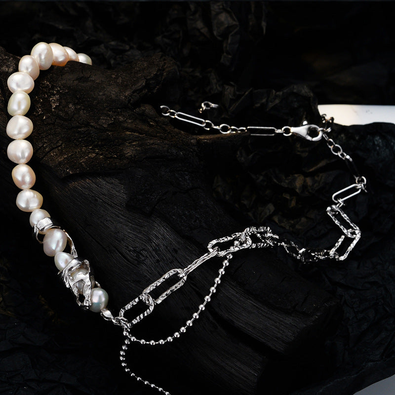 Asymmetrical Sterling Silver Necklace with Freshwater Pearl