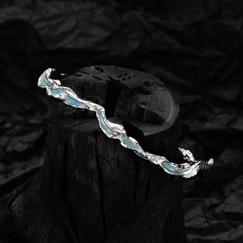 Real 925 Silver Bracelet with Mint Blue Wavy Texture