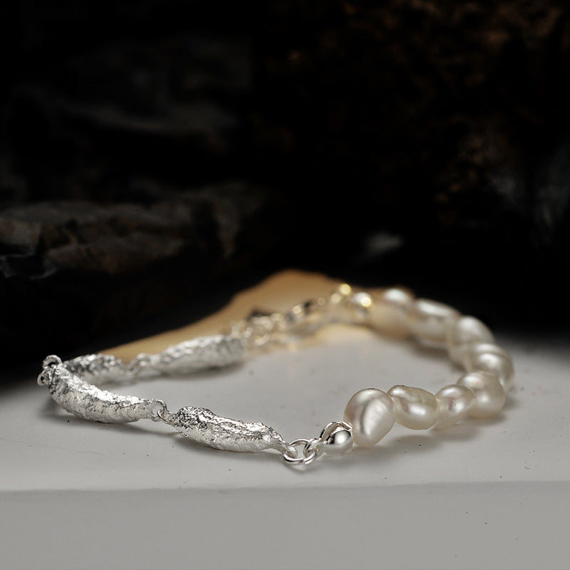 Irregular 925 Silver Bracelet with White Pearls