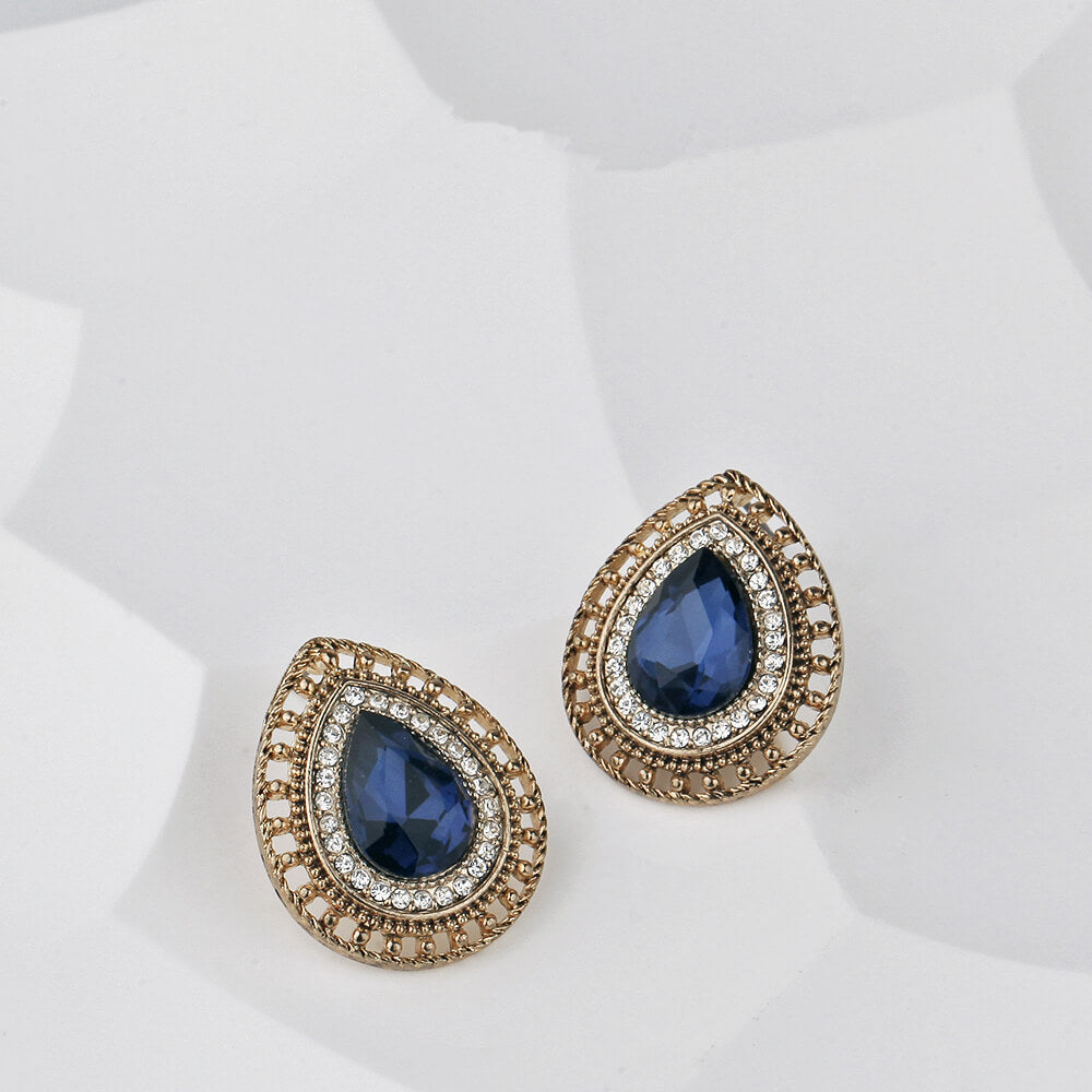 Statement Blue Crystal Tear-Drop Earrings with 14k Gold Plated Copper