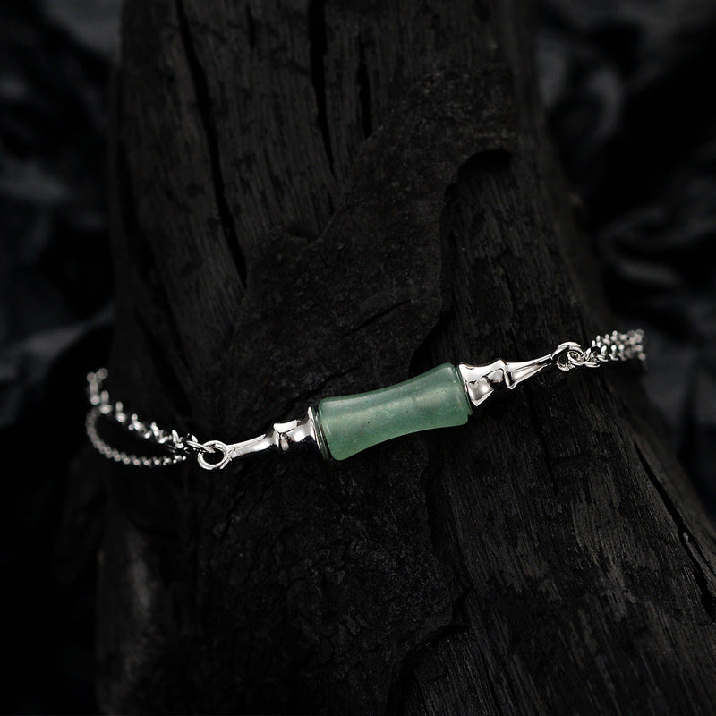 925 Sterling Silver Double Chain Wrist Bracelet  with Green Jade