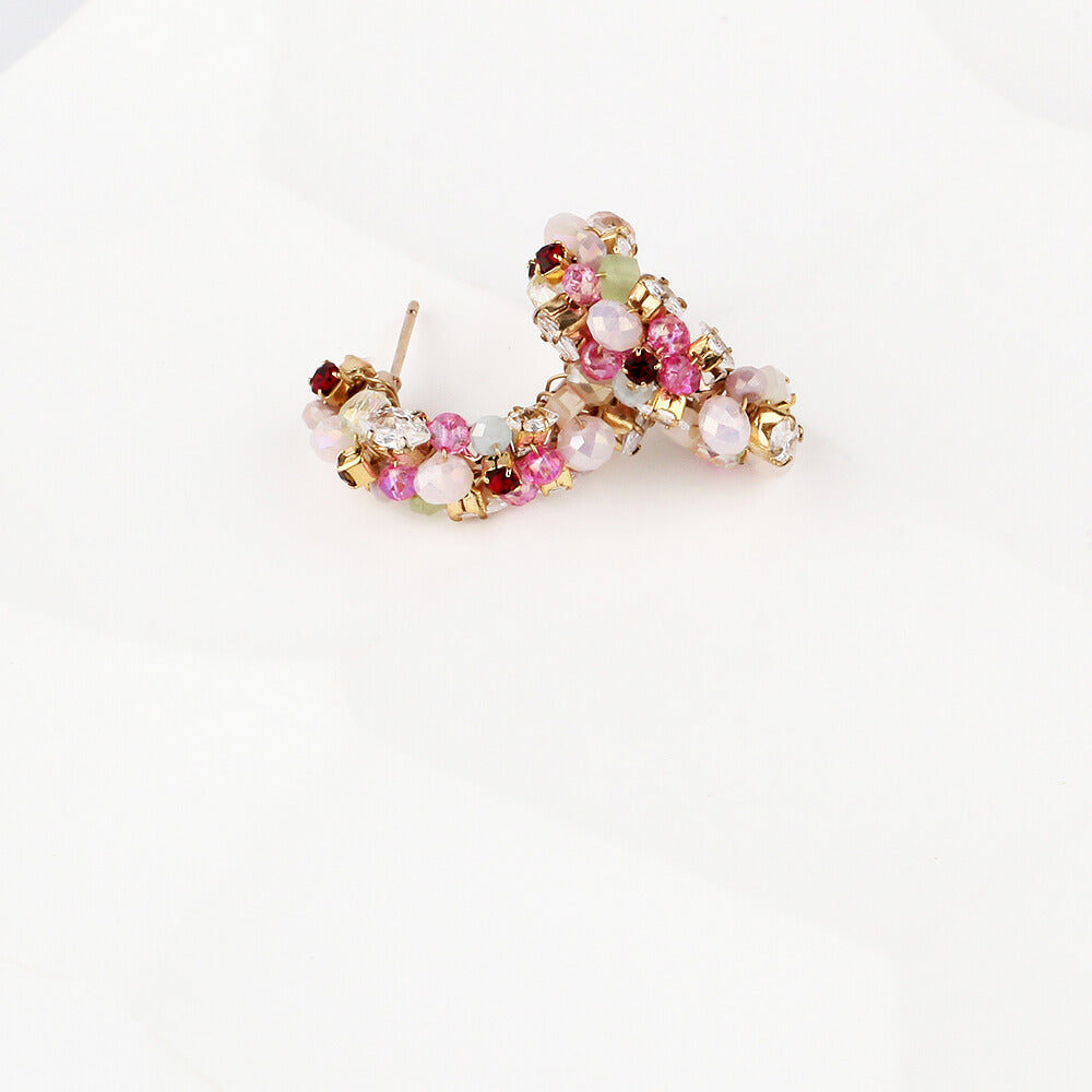 Curved Gold and Pink Beaded Earrings with Crystals