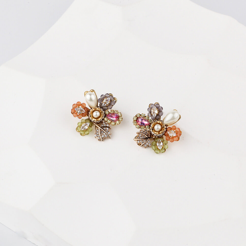 Cubic-Stone Star Stud Earring with Pearl and Beads