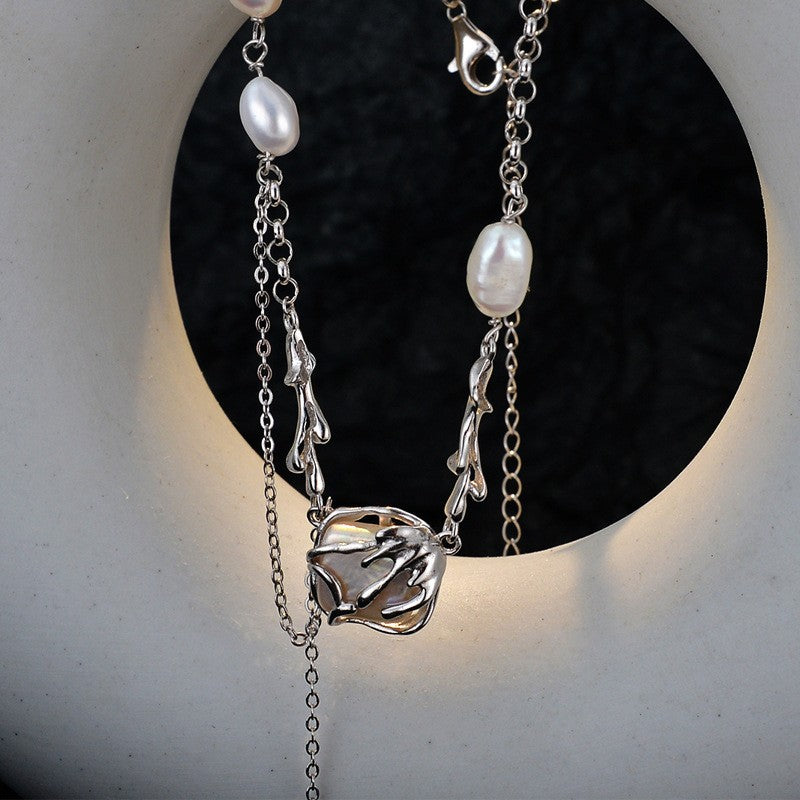 Sterling Silver Link Necklace with Baroque Pearl