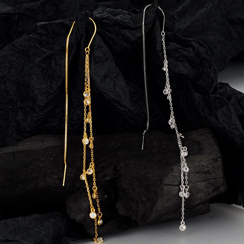 Chain Earring with Diamond Drop in 18k Gold or S925 Silver Finish