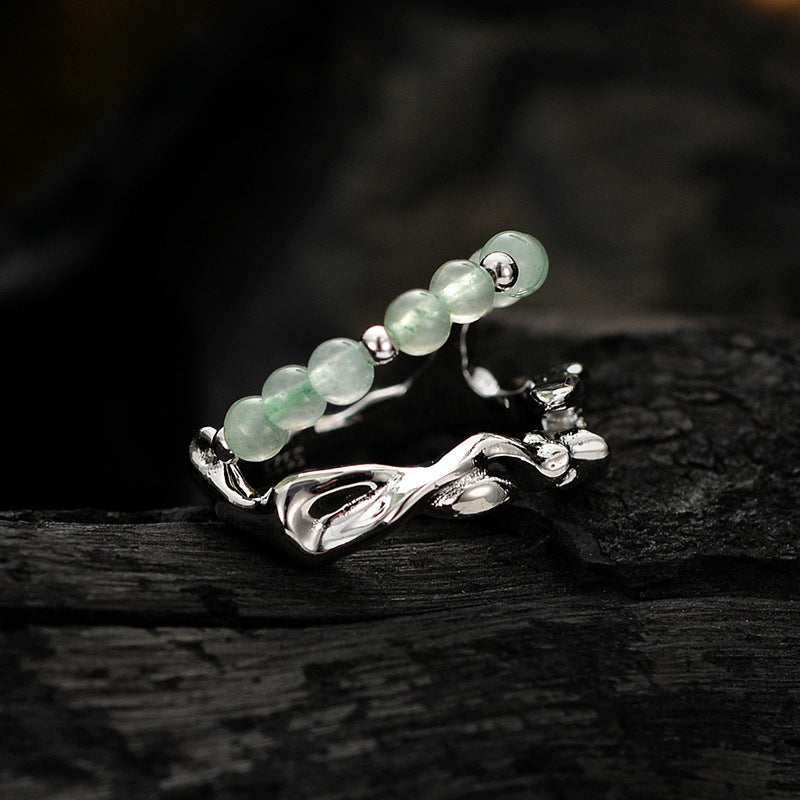 Jaded Green Bead S925 Silver Ring - Double Layer