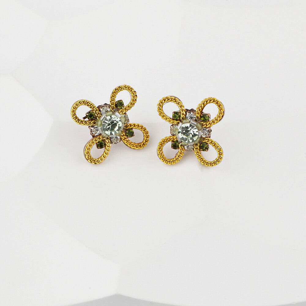 Gold Orchid Stud Earrings with Crystals