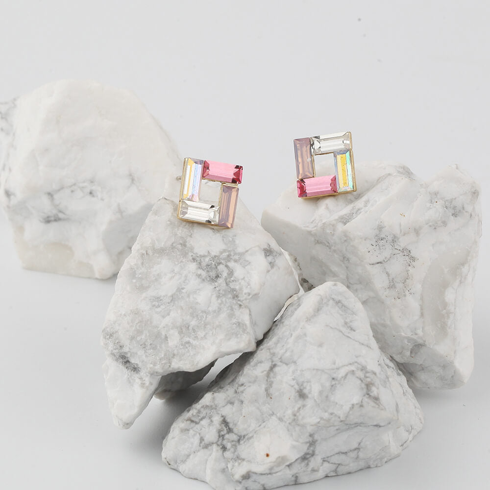 Lucent Crystal Square-Cut Earrings with Fine Silver