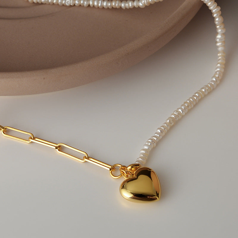 18k Gold Plated Heart Necklace with Faux Pearl & Link Chain
