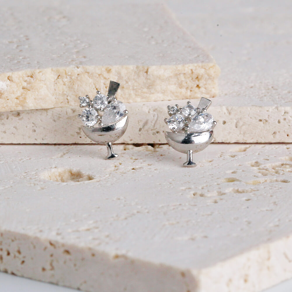 Cocktail Glass Stud Earrings with Crystal and Cubic Stone