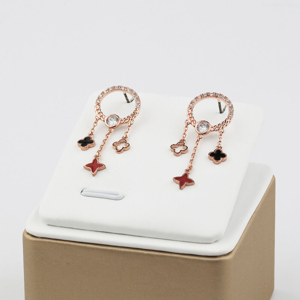 Stunning 14k Rose Gold Round Earring with Crystal Clovers