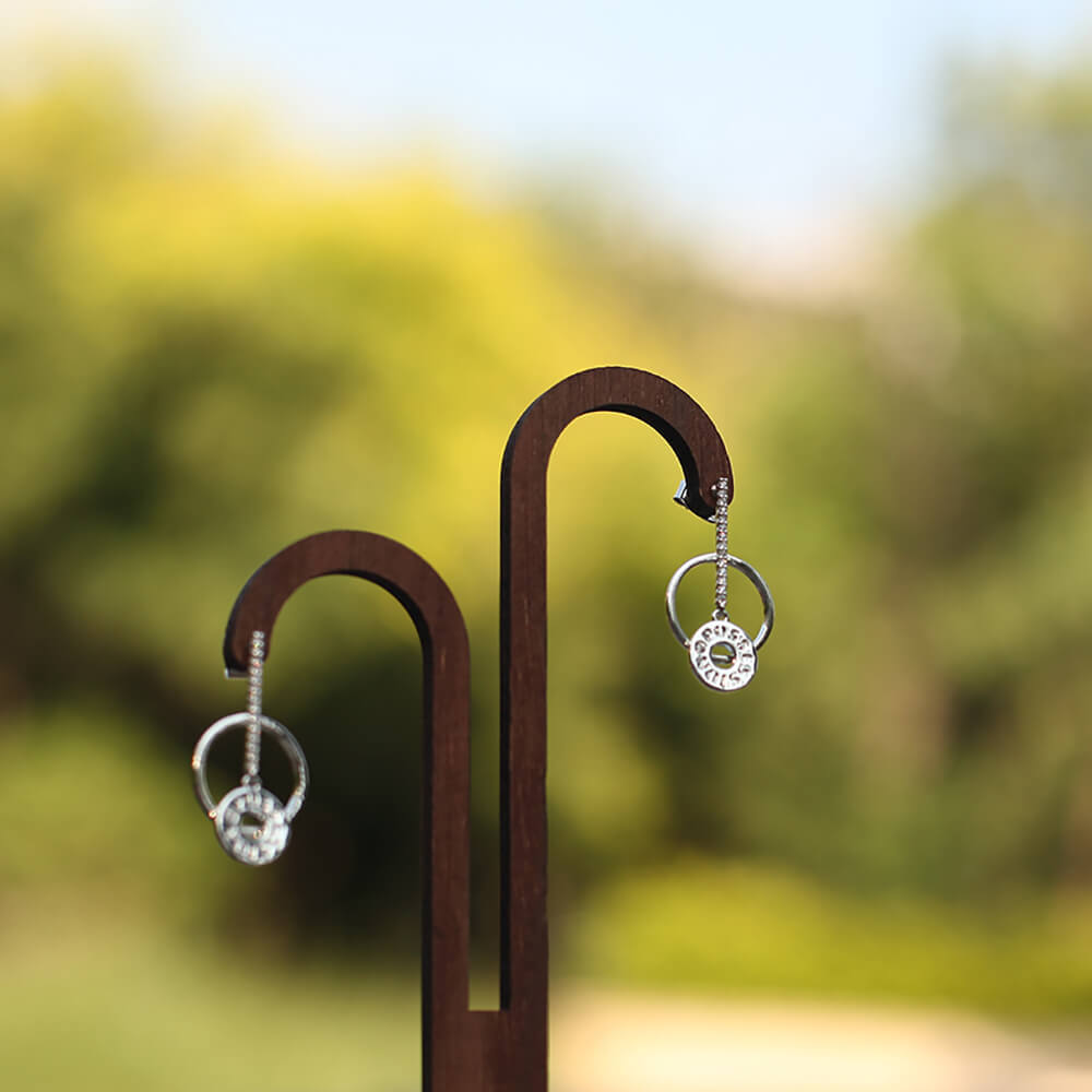 Silver Double Circle Drop Earring with Cubic Stones