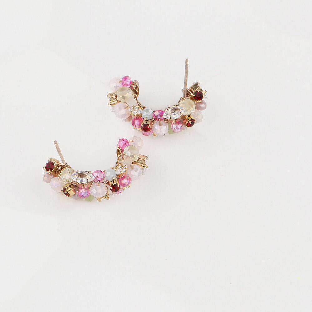 Curved Gold and Pink Beaded Earrings with Crystals