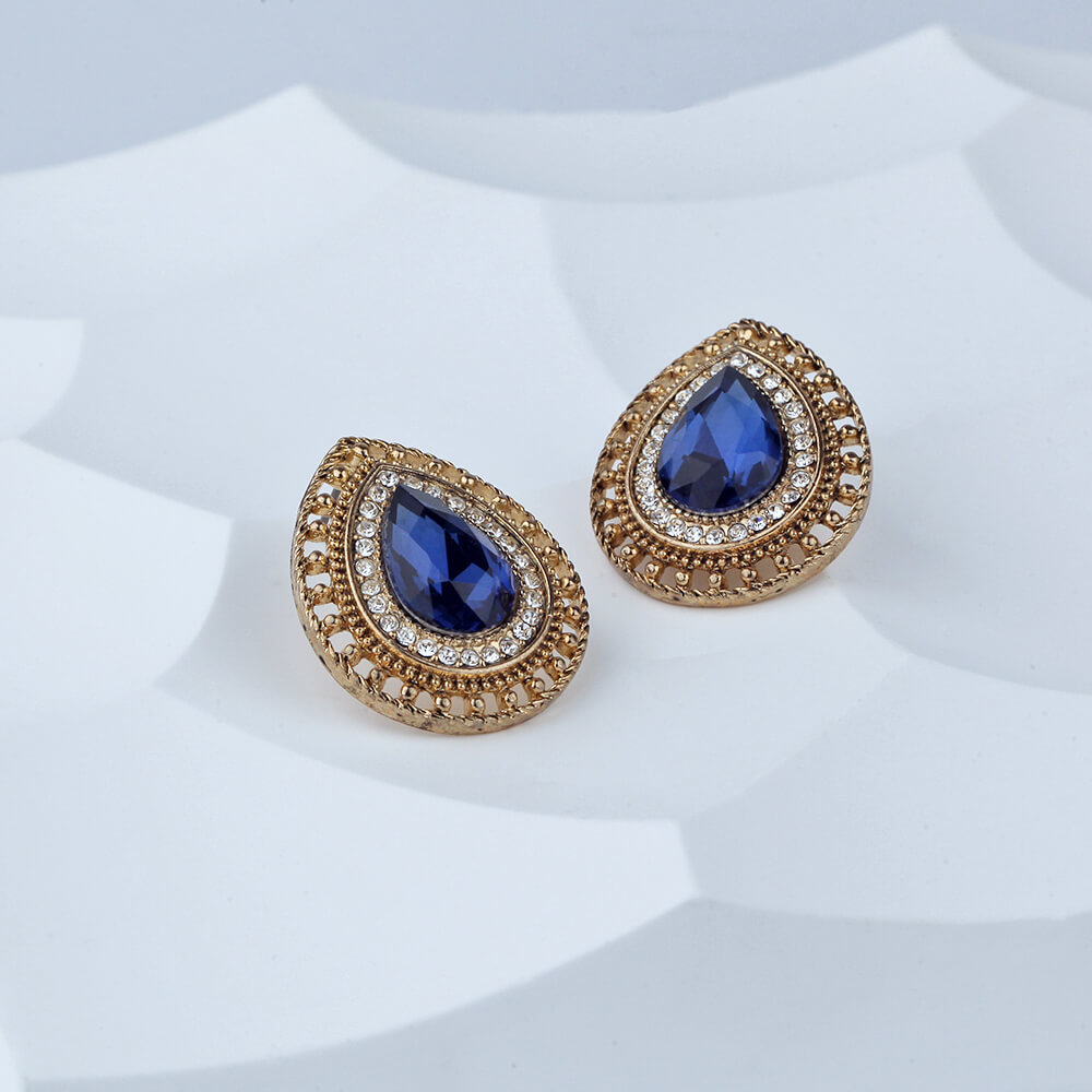 Statement Blue Crystal Tear-Drop Earrings with 14k Gold Plated Copper