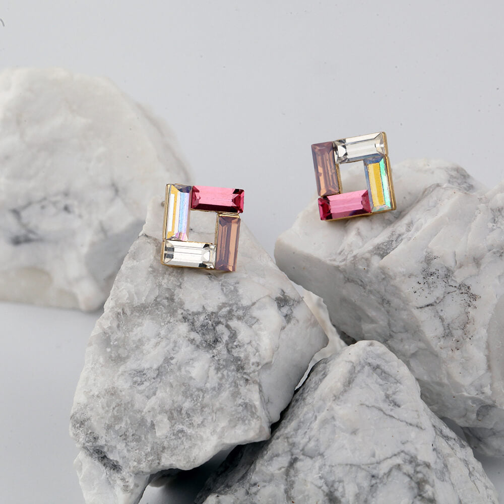 Lucent Crystal Square-Cut Earrings with Fine Silver