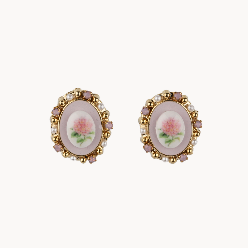 14k Gold Oval Floral Stud Earrings with Crystals and Pearl