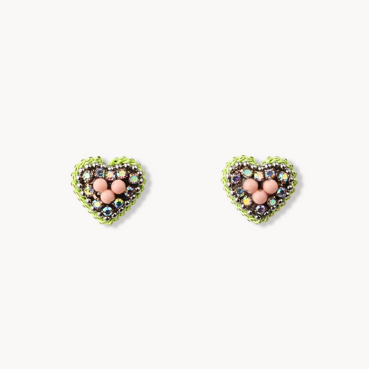 Mint Heart Stud Earrings with Colorful Crystals