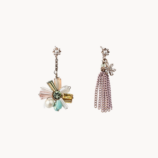 Small Tassel Mismatched Earrings with Crystals and Pearl