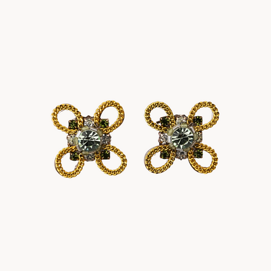 Gold Orchid Stud Earrings with Crystals