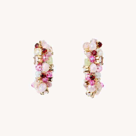 Curved Gold and Pink Beaded Earrings with Crystals