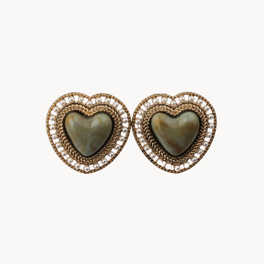 14k Gold Plated Love-Shape Stud Earrings with Large Pearl