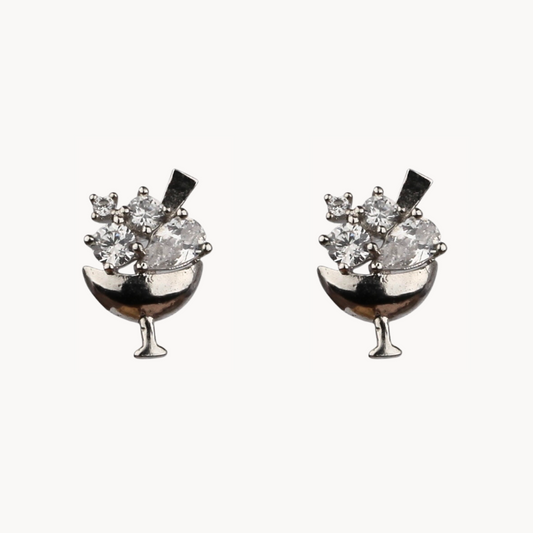 Cocktail Glass Stud Earrings with Crystal and Cubic Stone